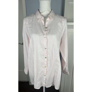 J Jill Petite Large Love Linen Pink White Striped Button Down Shirt Long Sleeve
